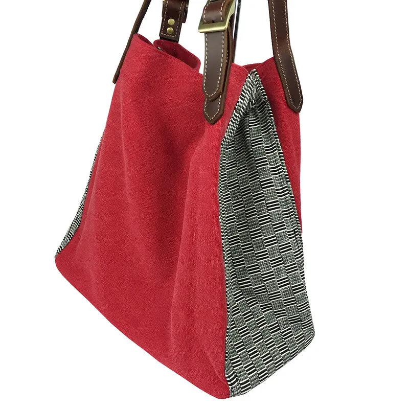 Red Stone Washed Canvas & Weave Tote