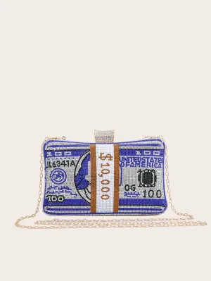 Rhinestone Decor Letter Graphic Chain Clutch Bag