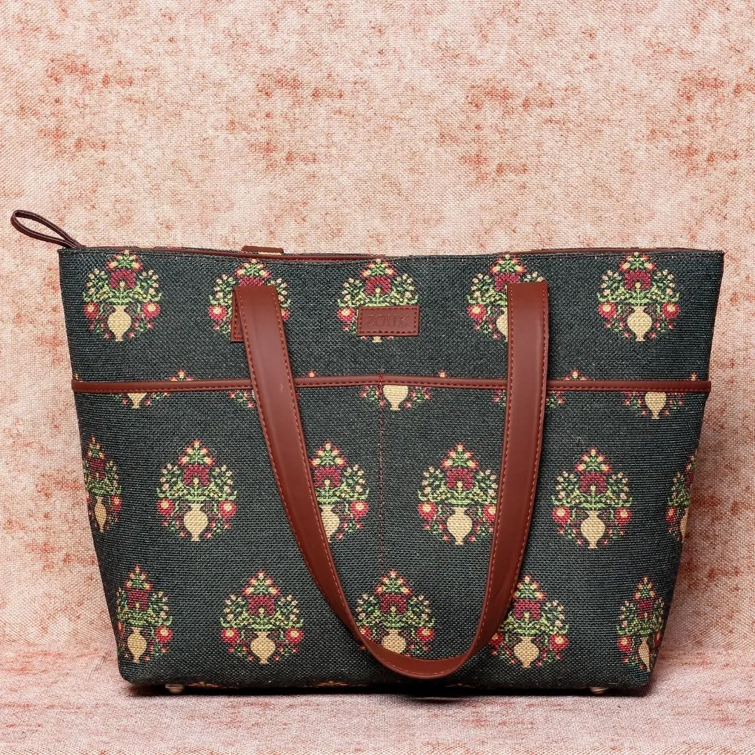 Royal Green Mogra Print- Tote Bag & Chain Wallet Combo