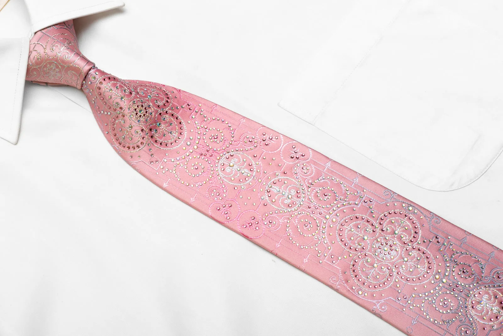 Silver Ornate Cartouche On Pink Rhinestone Silk Necktie With Silver Sparkles