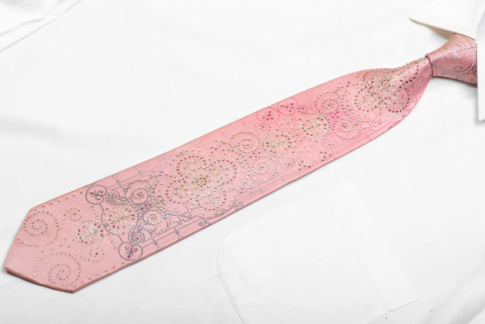 Silver Ornate Cartouche On Pink Rhinestone Silk Necktie With Silver Sparkles