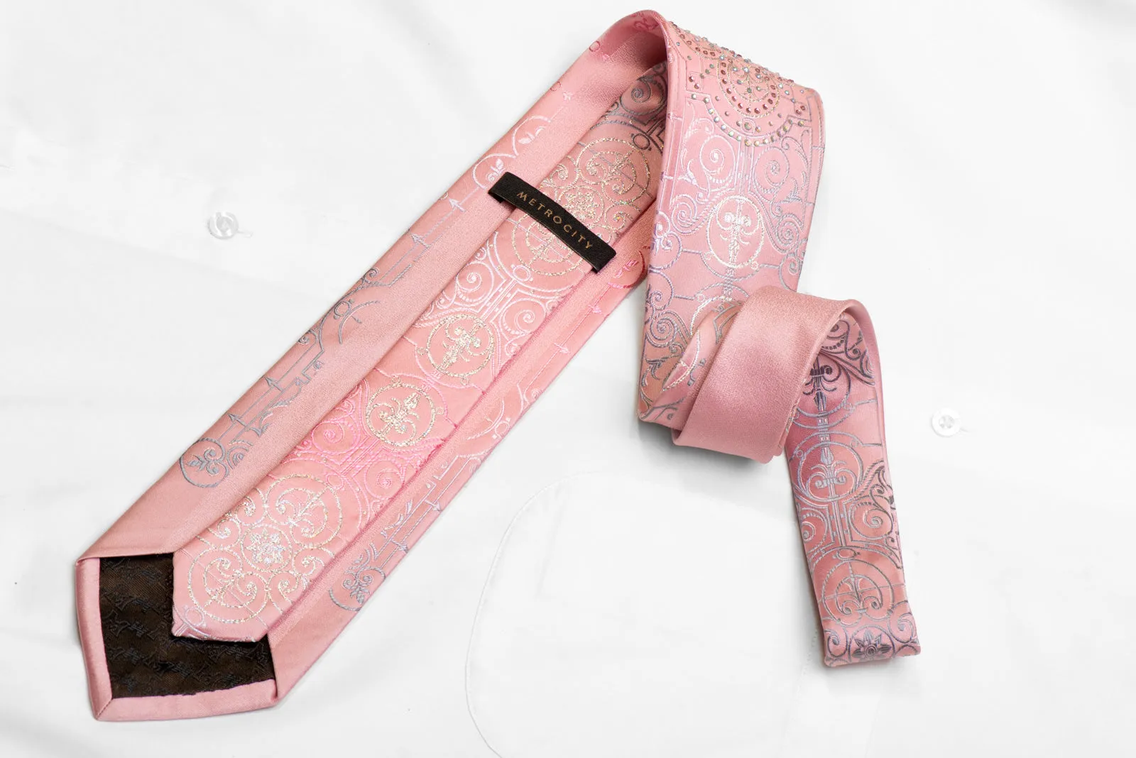 Silver Ornate Cartouche On Pink Rhinestone Silk Necktie With Silver Sparkles