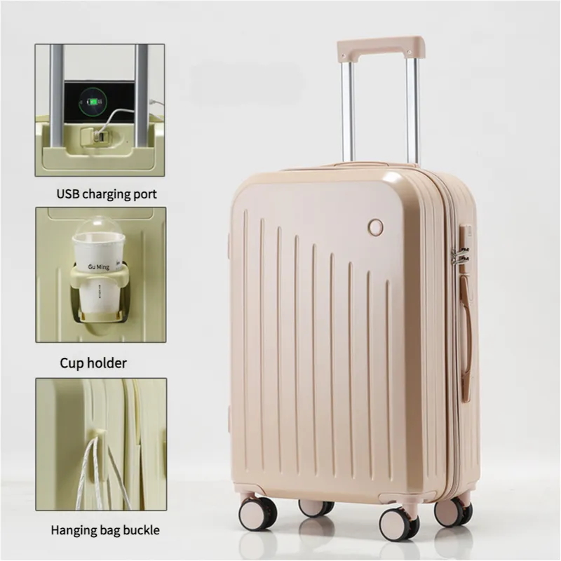 Smart Carry-On Luggage with Cup Holder & USB Charging Port - Pink Color Spinner Suitcase for Travel Convenience  24 inch