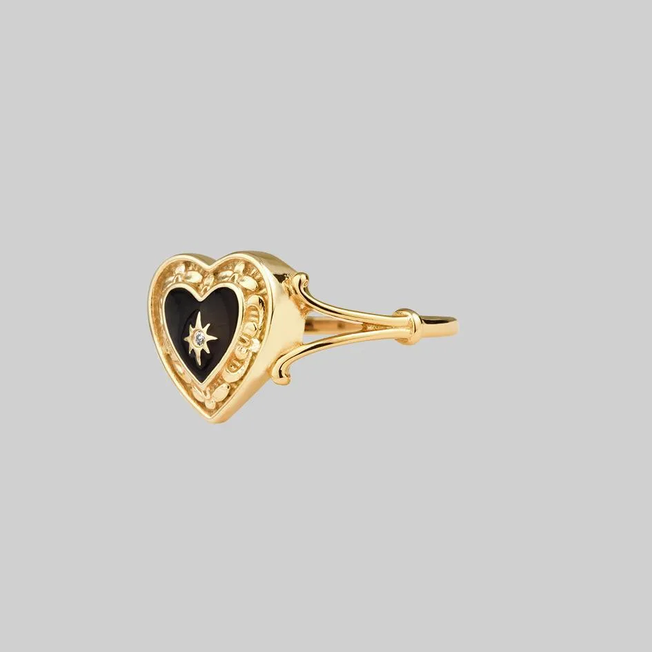 SOLEMN. Black Enamel Heart Ring - Gold