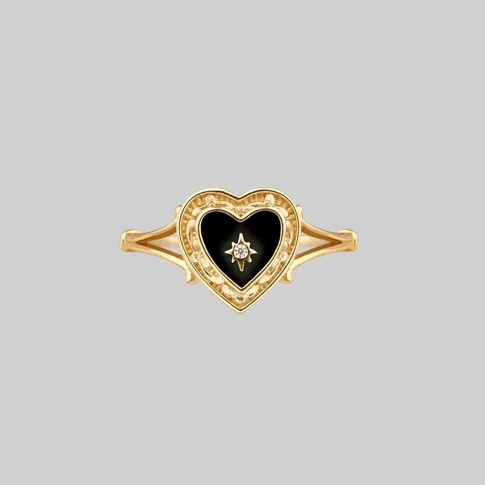 SOLEMN. Black Enamel Heart Ring - Gold