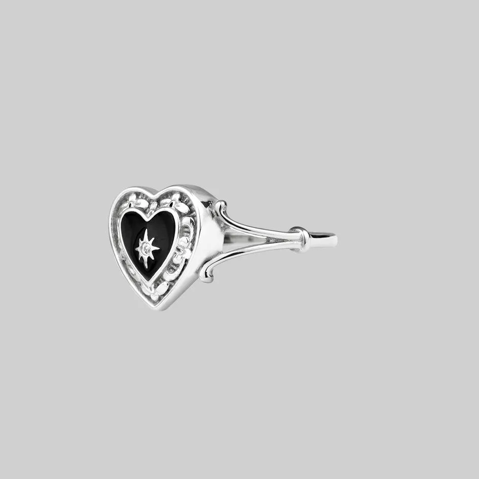 SOLEMN. Black Enamel Heart Ring - Silver