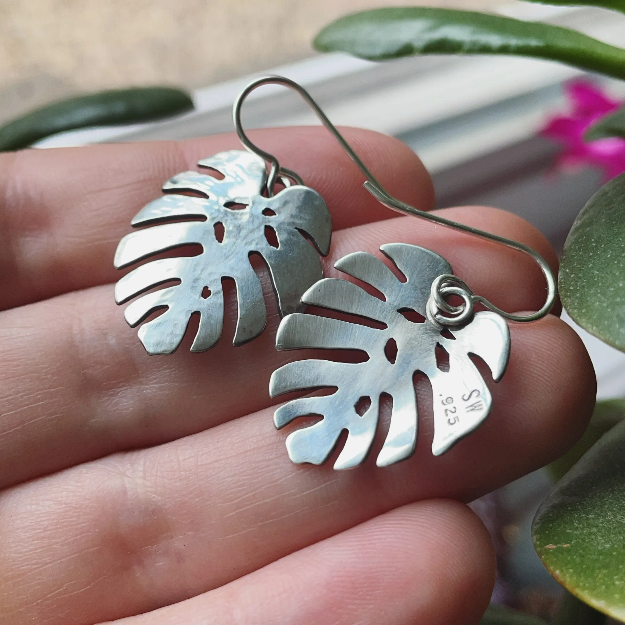 Sterling Silver Monstera Leaf Earrings