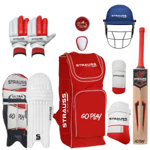 Strauss Kashmir Willow Right Hand Leather Cricket Kit | Size: Youth Size | Ideal for Age 10-13 yrs | Cricket Accessories for Boys | for Training & Matches | Set of 9 | includes Leather Ball (Orange)