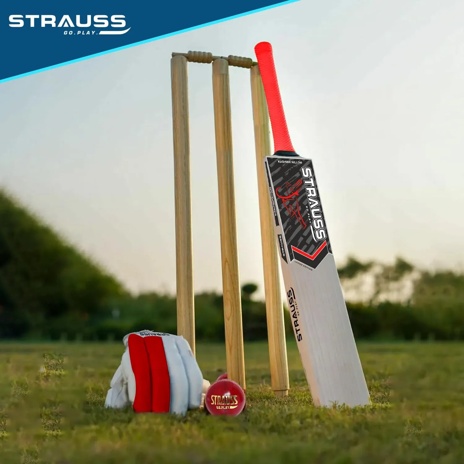 Strauss Kashmir Willow Right Hand Leather Cricket Kit | Size: Youth Size | Ideal for Age 10-13 yrs | Cricket Accessories for Boys | for Training & Matches | Set of 9 | includes Leather Ball (Orange)