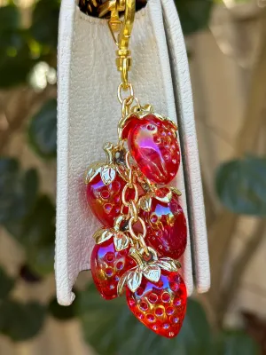 Strawberry bag charm | key chain | golden chain with heart bucket | y2k chain | bag lover gift | lux keychain