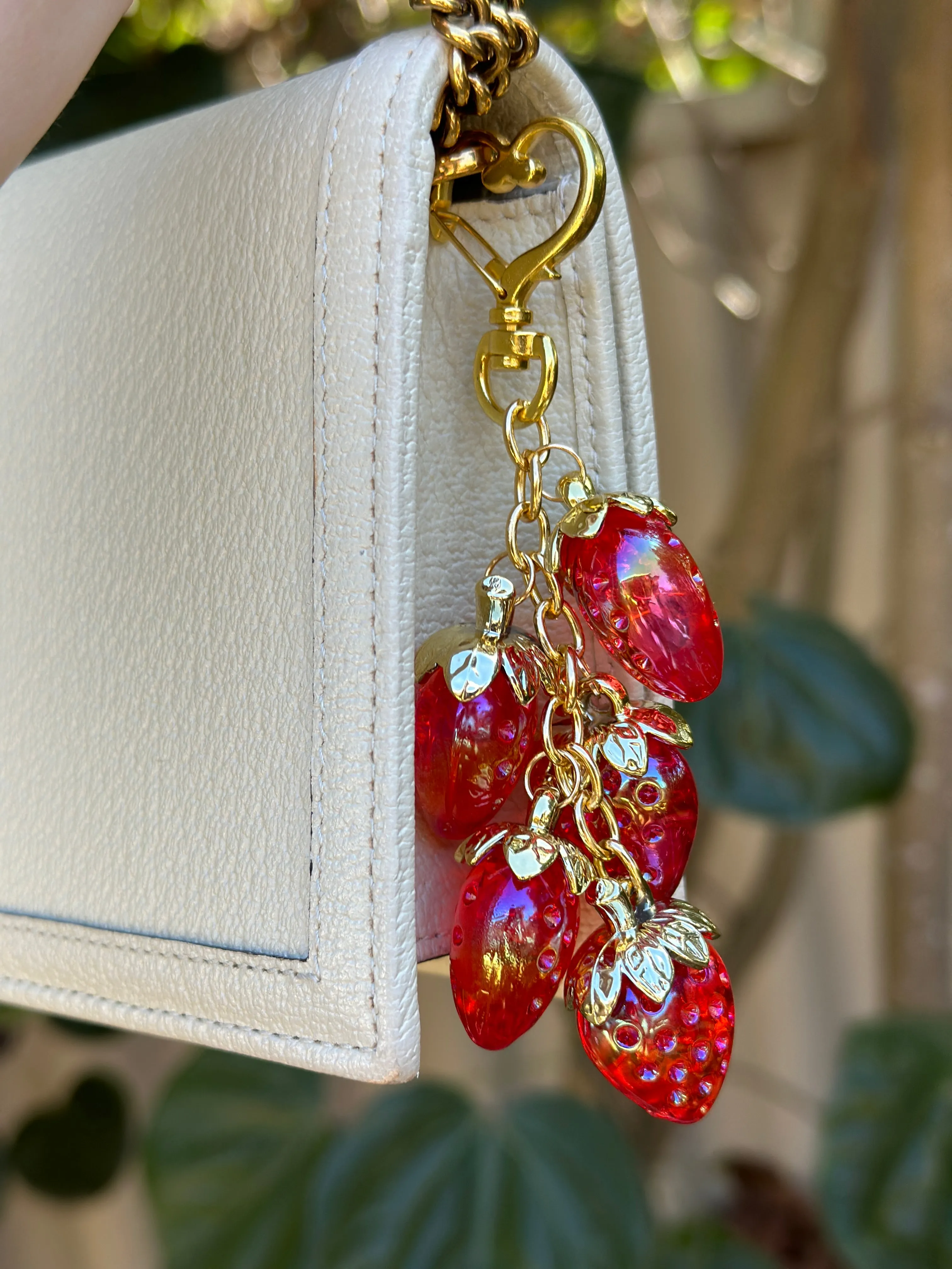 Strawberry bag charm | key chain | golden chain with heart bucket | y2k chain | bag lover gift | lux keychain