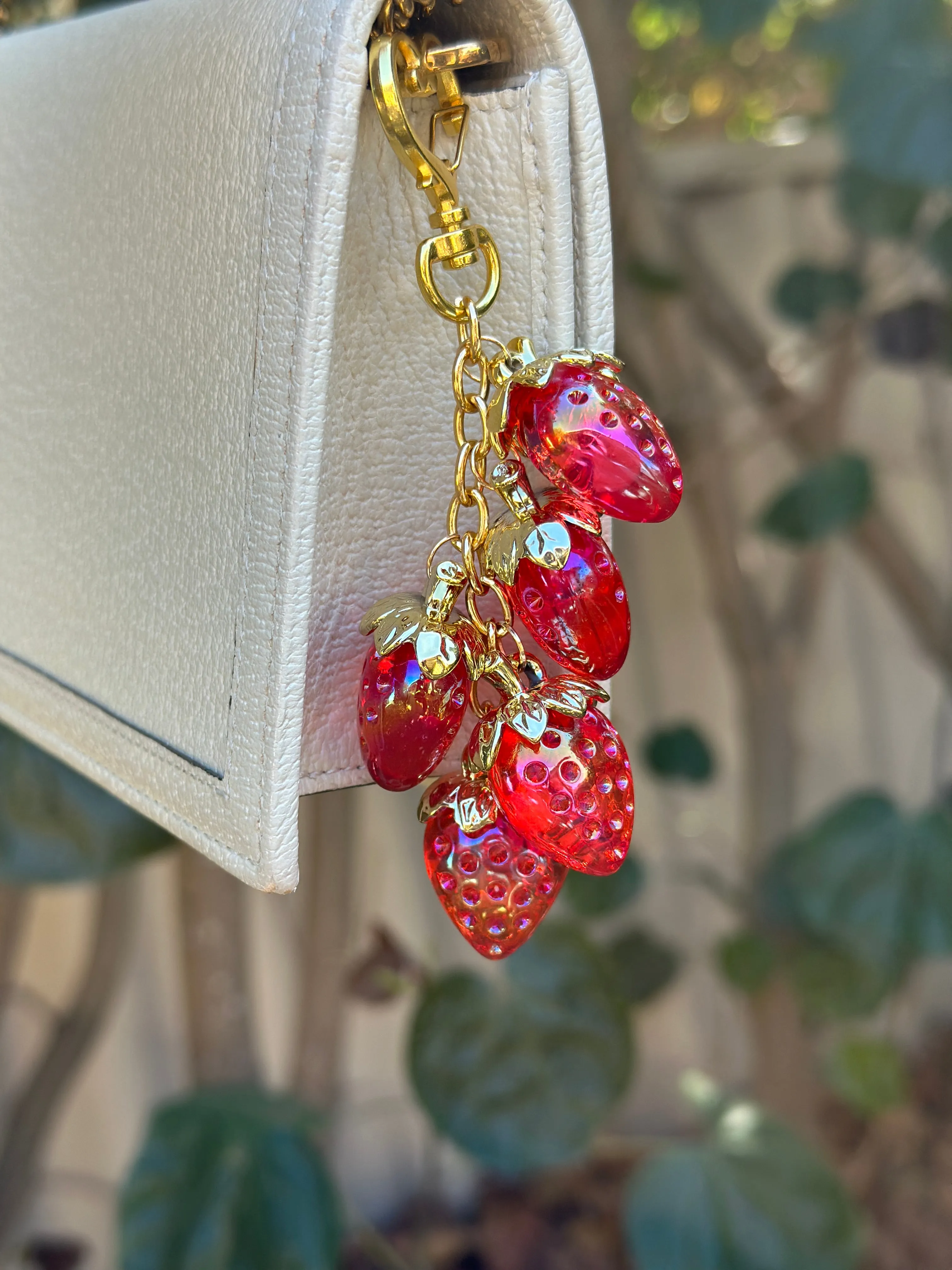 Strawberry bag charm | key chain | golden chain with heart bucket | y2k chain | bag lover gift | lux keychain