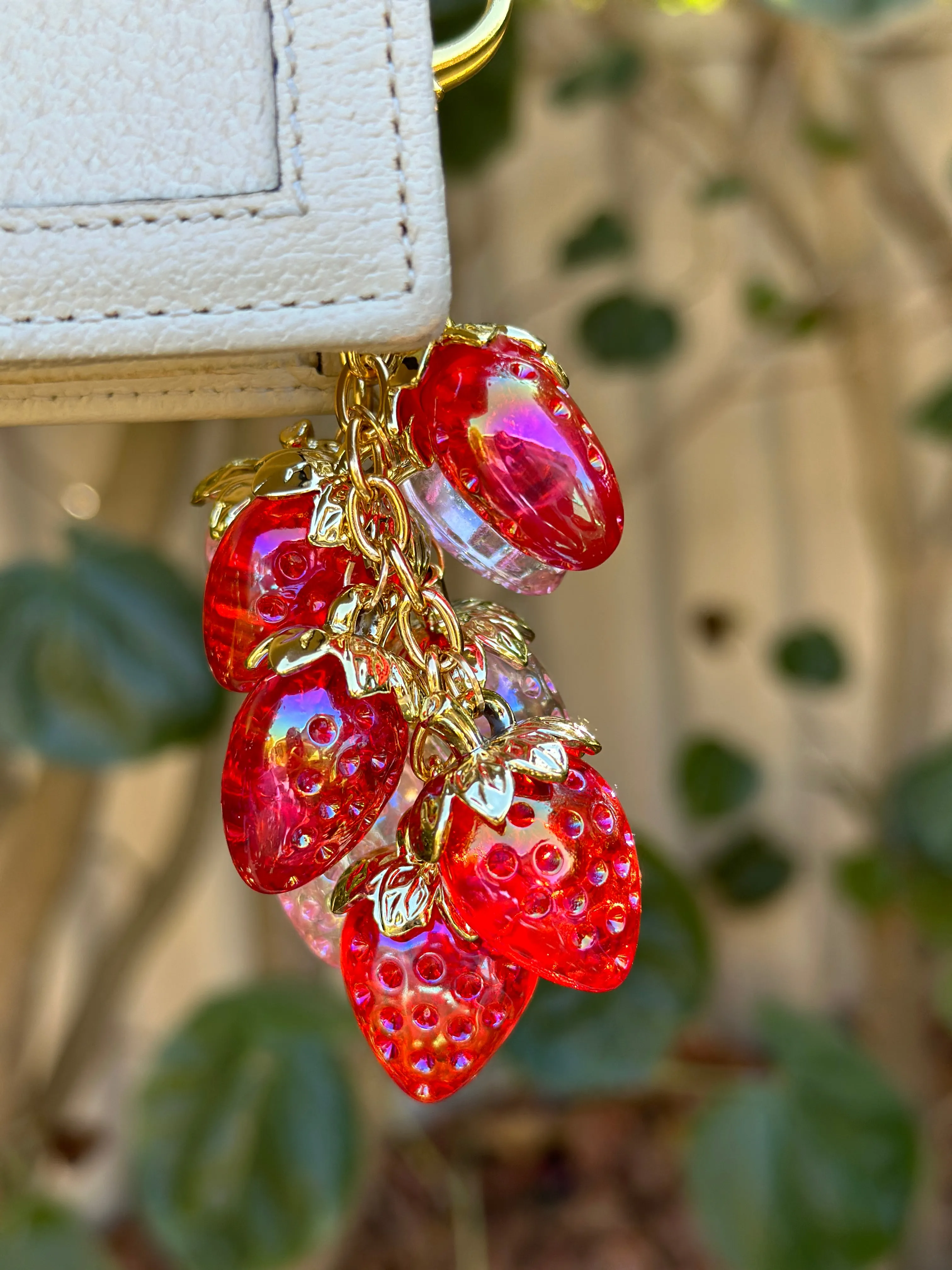 Strawberry bag charm | key chain | golden chain with heart bucket | y2k chain | bag lover gift | lux keychain