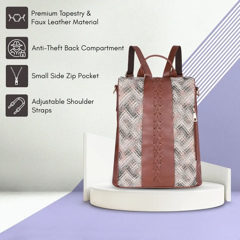 THE CLOWNFISH 10.5 Litres Akaya Collection Tapestry Fabric & Faux Leather Anti-Theft Back Open Style Womens Backpack Travel Backpack For College Going Girls - White-Checks