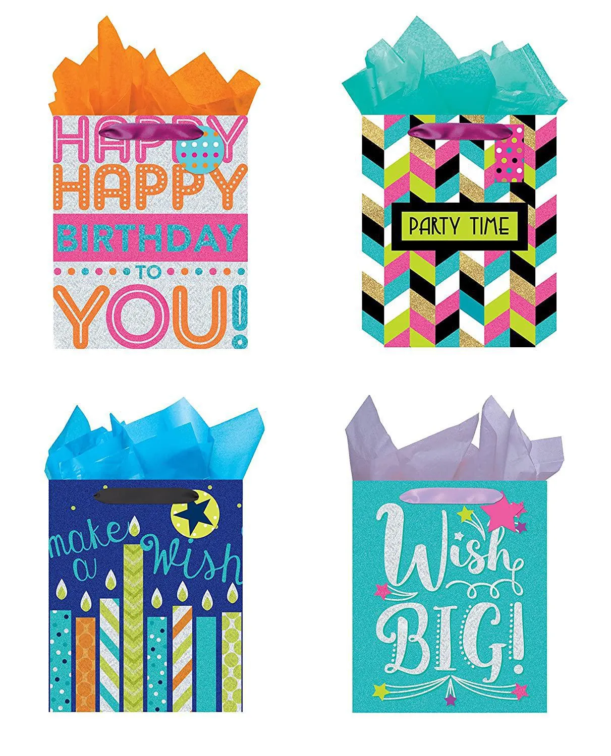 Tri-Glitter Large Adult Birthday Bag - Happy birthday To You, Party Time, Wish big, Make A Wish