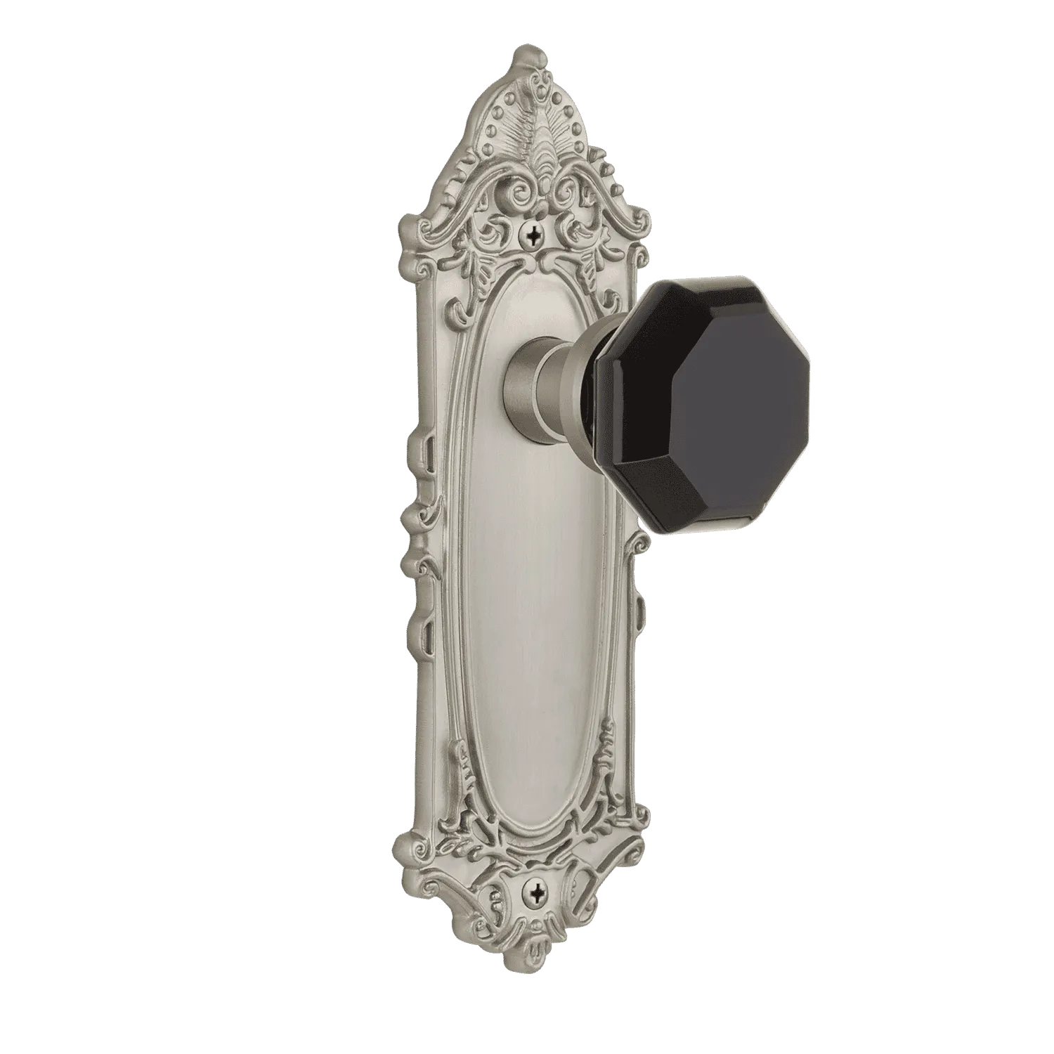 Victorian Long Plate with Black Waldorf Knob in Satin Nickel