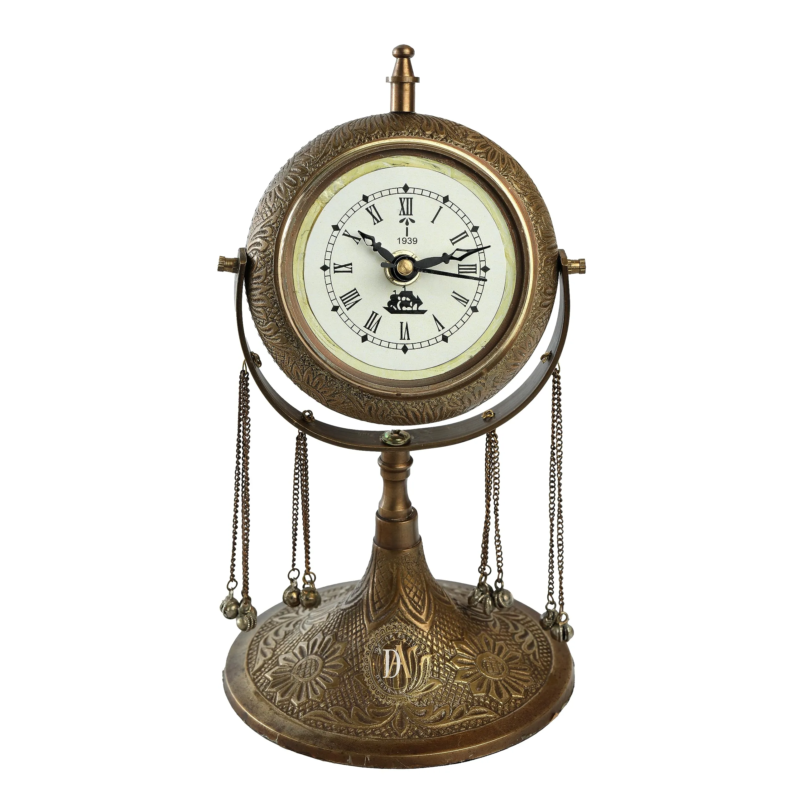 Vintage Look Brass Carving Table Clock with Ankle Bells |Brass Nautical Desk Clock & Shelf Clock