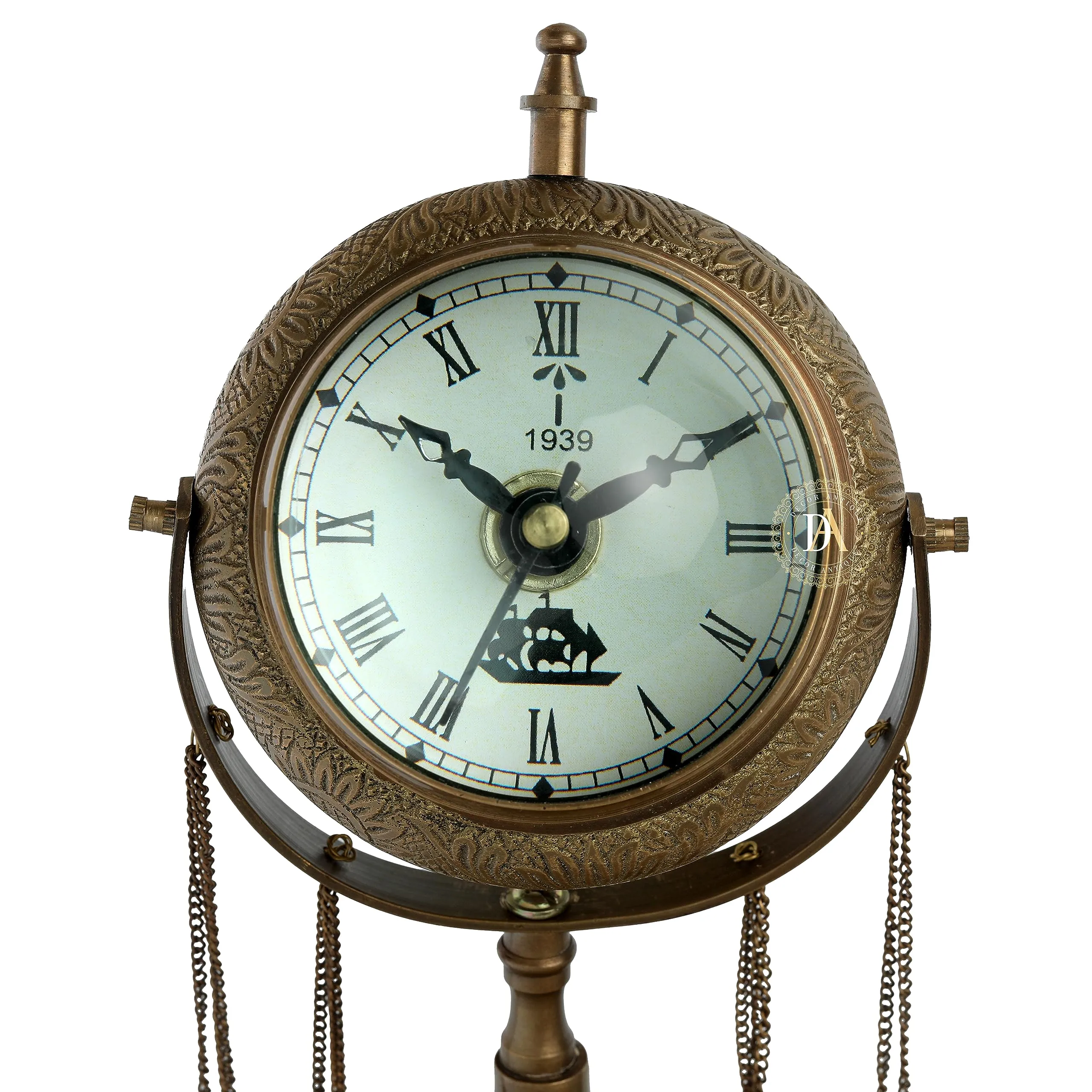 Vintage Look Brass Carving Table Clock with Ankle Bells |Brass Nautical Desk Clock & Shelf Clock