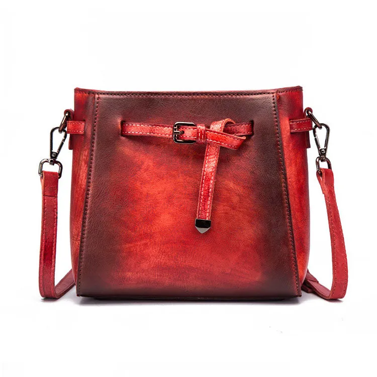 Vintage Womens Cowhide Leather Crossbody Bag Bucket Bag Purse For Women