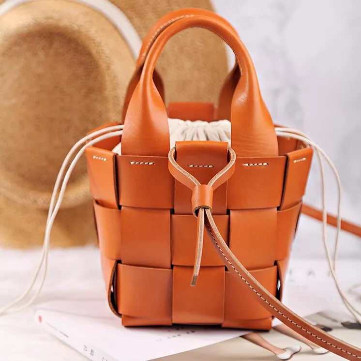 Vintage Womens Woven Leather Bucket Handbags Cross Shoulder Bag For Women