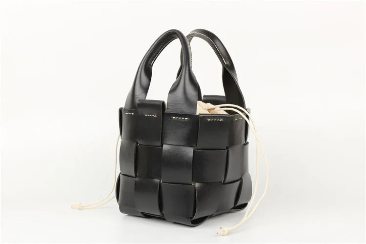 Vintage Womens Woven Leather Bucket Handbags Cross Shoulder Bag For Women