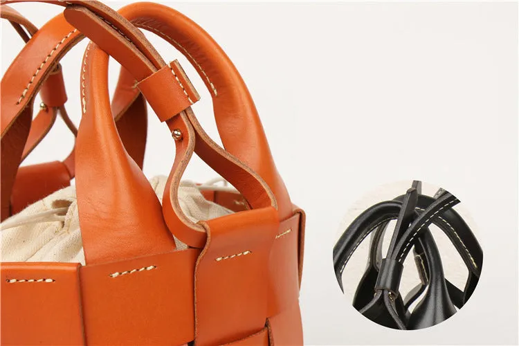 Vintage Womens Woven Leather Bucket Handbags Cross Shoulder Bag For Women