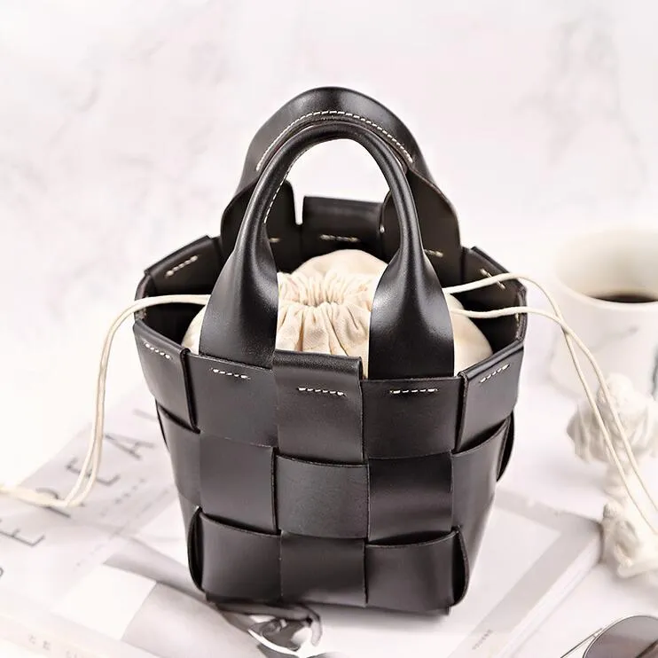 Vintage Womens Woven Leather Bucket Handbags Cross Shoulder Bag For Women