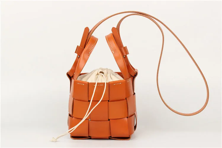 Vintage Womens Woven Leather Bucket Handbags Cross Shoulder Bag For Women