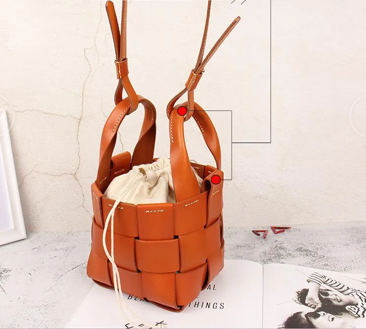 Vintage Womens Woven Leather Bucket Handbags Cross Shoulder Bag For Women