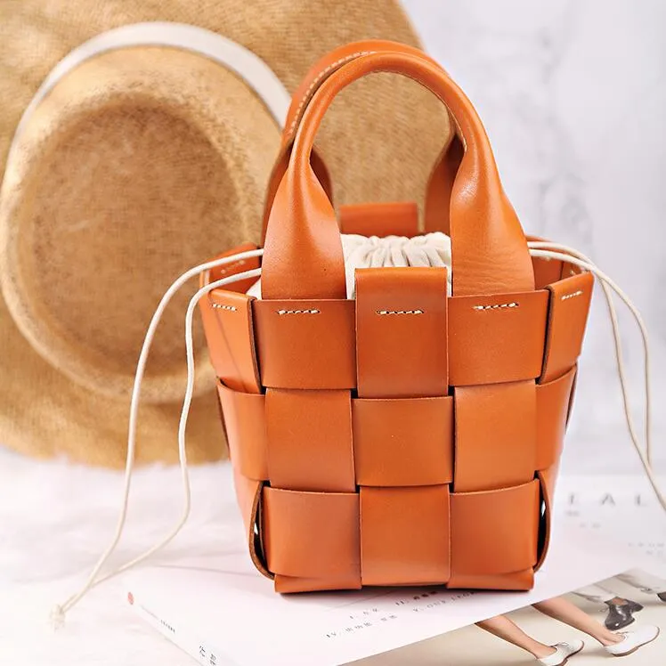 Vintage Womens Woven Leather Bucket Handbags Cross Shoulder Bag For Women