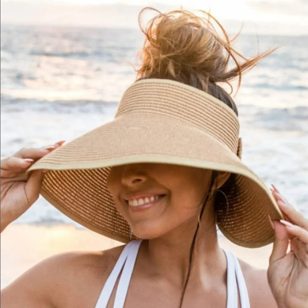 Women Sun Protection Empty Top Straw Hat Beach Wide Brim Bow-Knot Big Floppy Folding Sun Hat