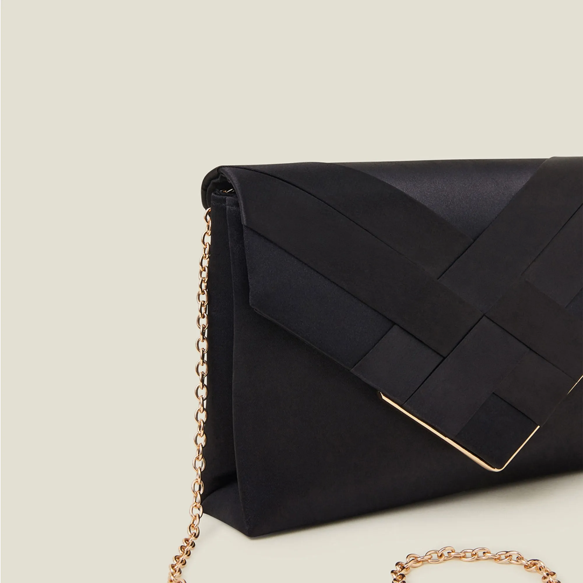 Woven Satin Envelope Clutch Bag-Black