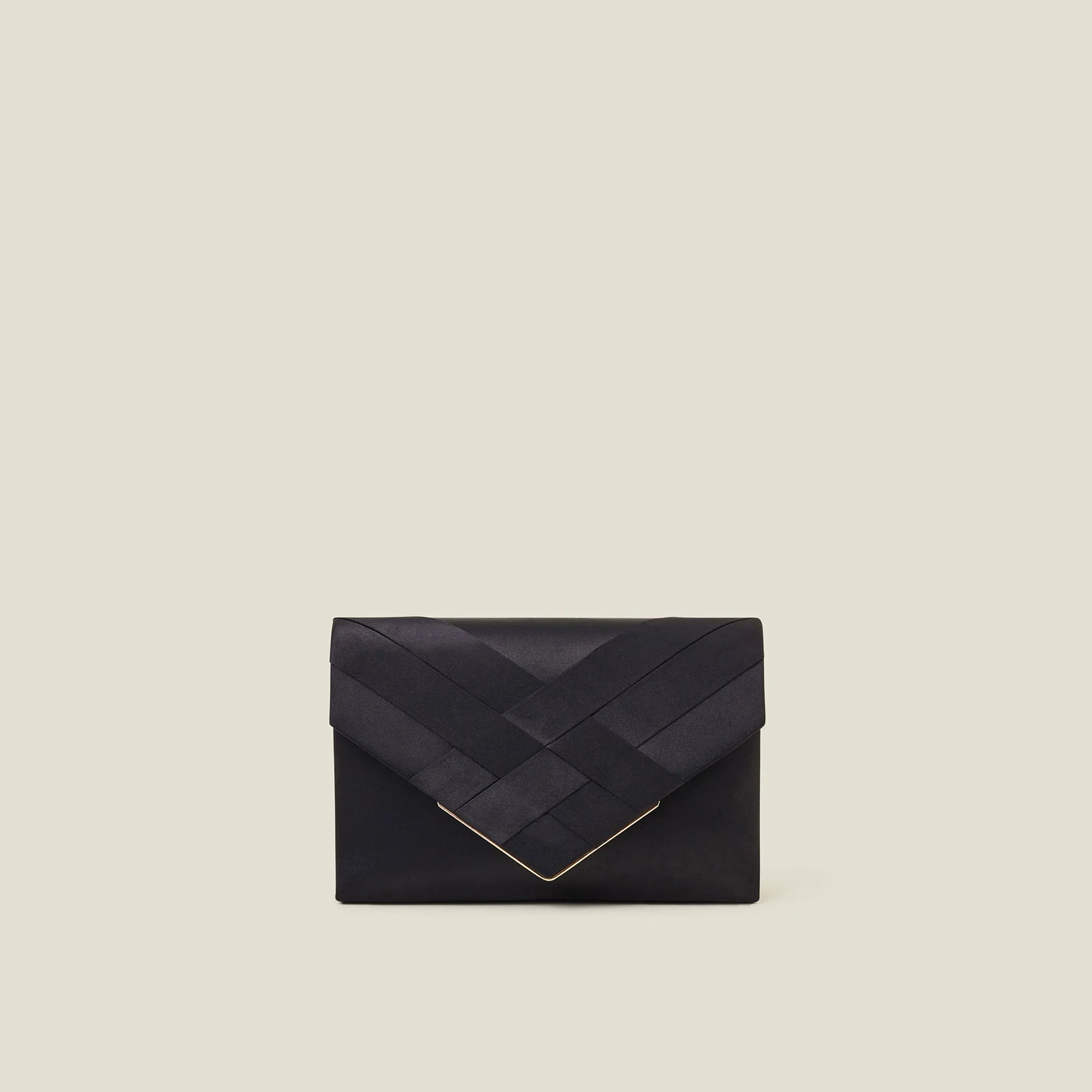 Woven Satin Envelope Clutch Bag-Black