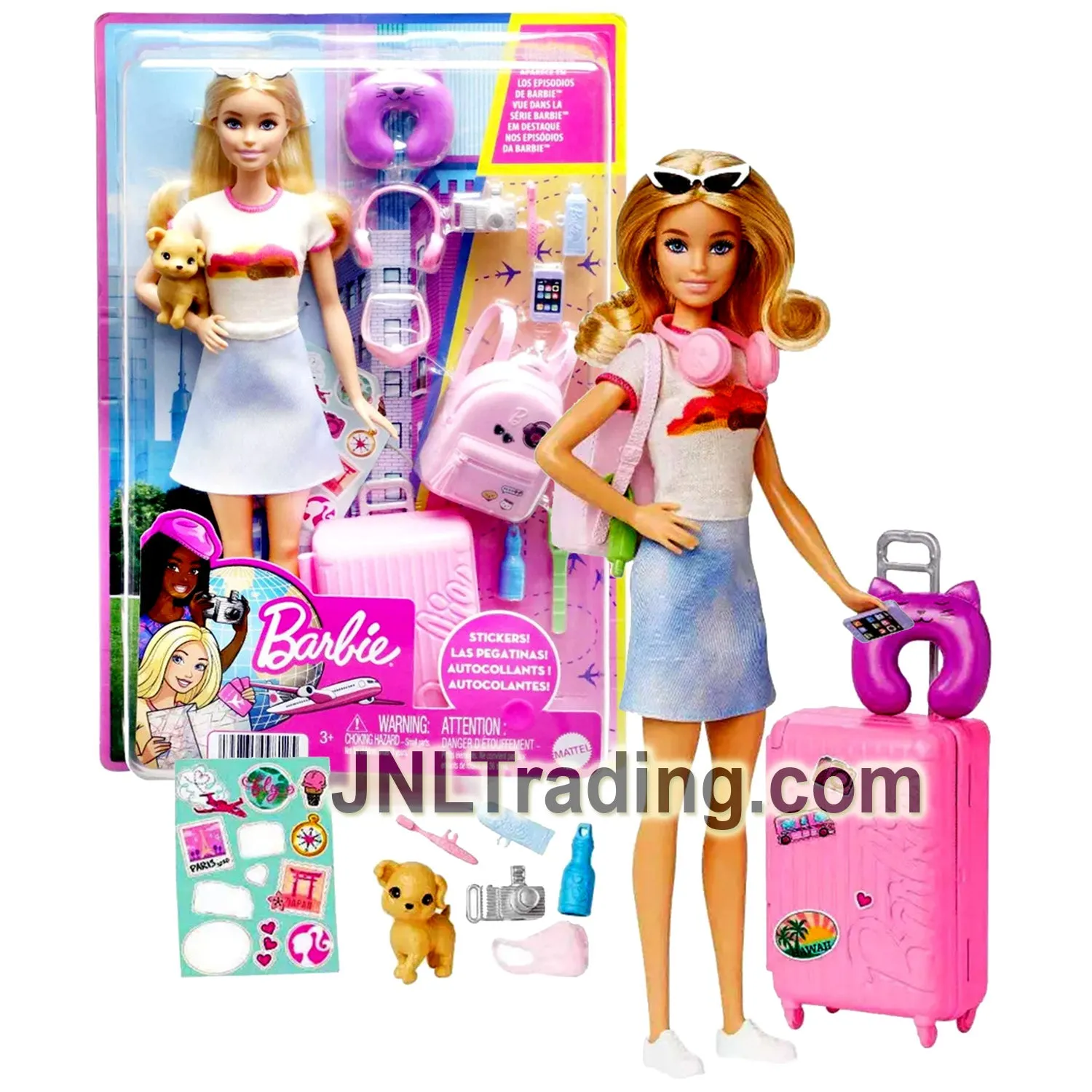 Year 2022 Life in the City Travel 12 Inch Doll Set HJY18 with Caucasian Model BARBIE, Puppy, Rolling Suitcase, Mask, Headphones and Pillow